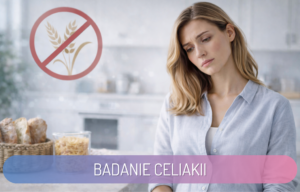 Kobieta w kuchni z widocznym symbolem diety bezglutenowej – ilustracja badania celiakii jako możliwej przyczyny poronień lub problemów z płodnością.