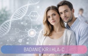 Para stoi w gabinecie medycznym z grafiką DNA i połączeń genetycznych, symbolizującą badanie KIR i HLA-C w diagnostyce poronień.