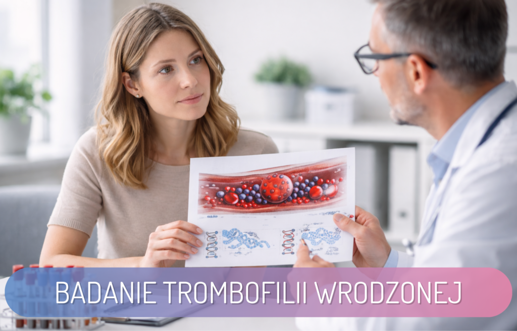 Kobieta rozmawia z lekarzem, który pokazuje schemat naczyń krwionośnych – ilustracja badania trombofilii wrodzonej w diagnostyce przyczyn poronienia.