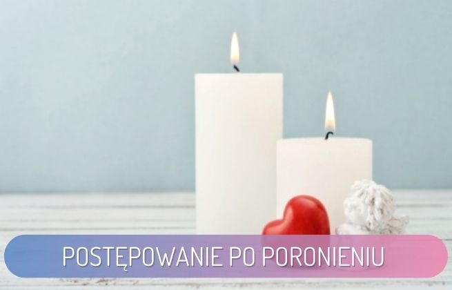 postępowanie po poronieniu - dwie zapalone białe świece, czerwone serce i biały aniołek