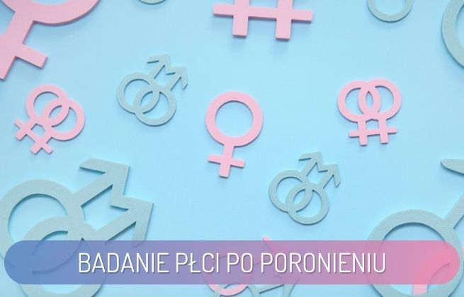 Różowe i niebieskie symbole płci dziecka na jasnoniebieskim tle – ilustracja badania płci po poronieniu.