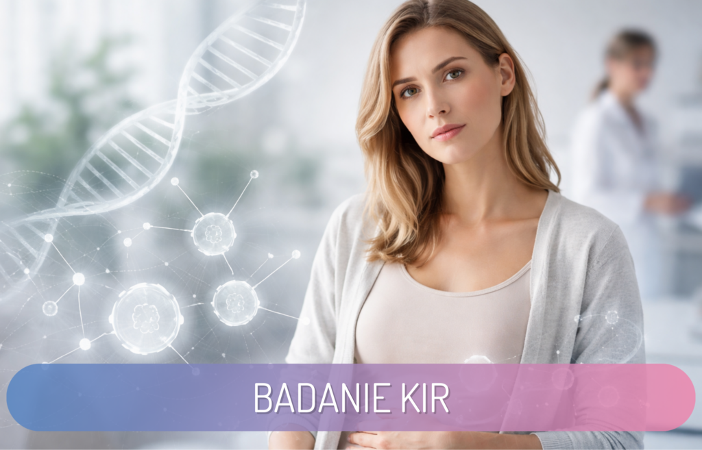 Kobieta w średnim wieku w gabinecie medycznym, z grafiką DNA i połączeń genetycznych – ilustracja badania KIR w diagnostyce poronień i planowania ciąży.