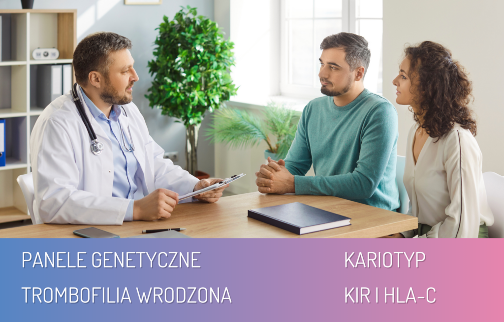 Para rozmawia z lekarzem w gabinecie – grafika do artykułu o badaniach genetycznych rodziców po poronieniu, obejmujących panele genetyczne, kariotyp, trombofilię wrodzoną i KIR/HLA-C.
