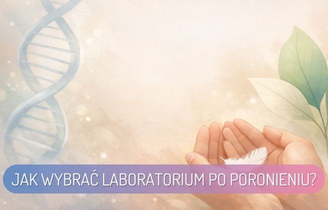 Jak wybrać laboratorium po poronieniu – pastelowe tło, po lewej helisa DNA, po prawej liście, na dole dłonie trzymające białe piórko.