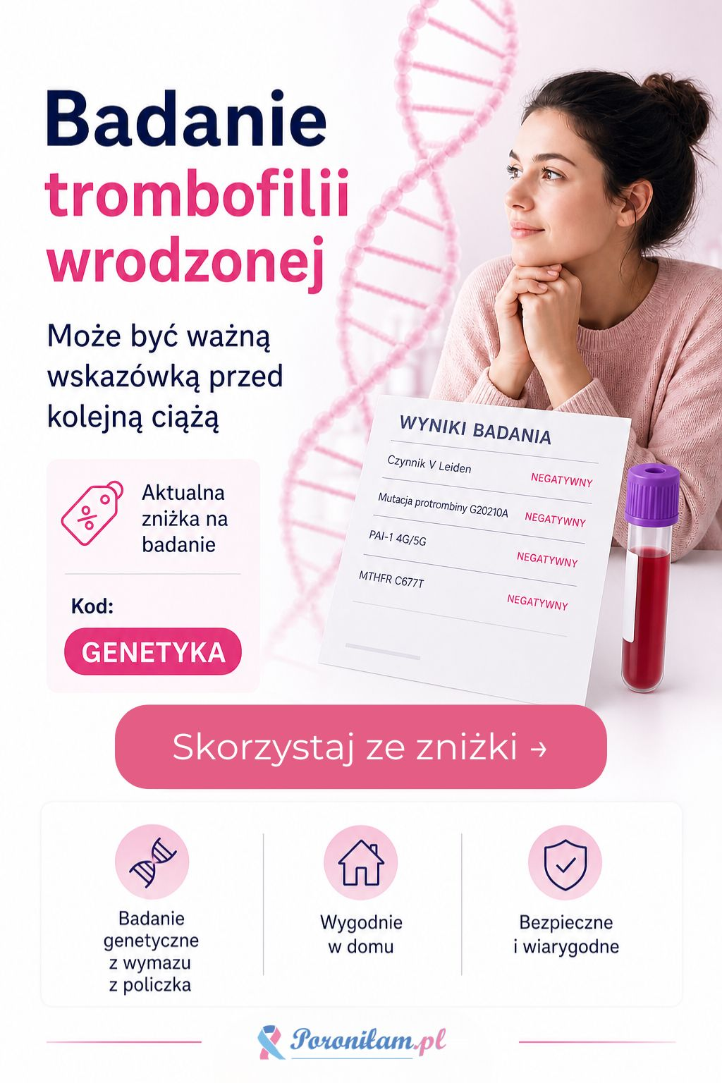 badanie trombofilii wrodzonej - Baner informujący o zniżce dla czytelniczek poronilam.pl na badanie trombofilii wrodzonej u partnera serwisu, laboratorium testDNA.