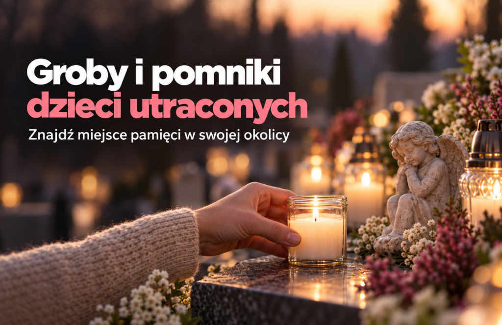 Groby i pomniki dzieci utraconych Groby i pomniki dzieci utraconych. Grafika przedstawia zapalony znicz na pomnik, na którym jest aniołek - jako symbol dziecka utraconego